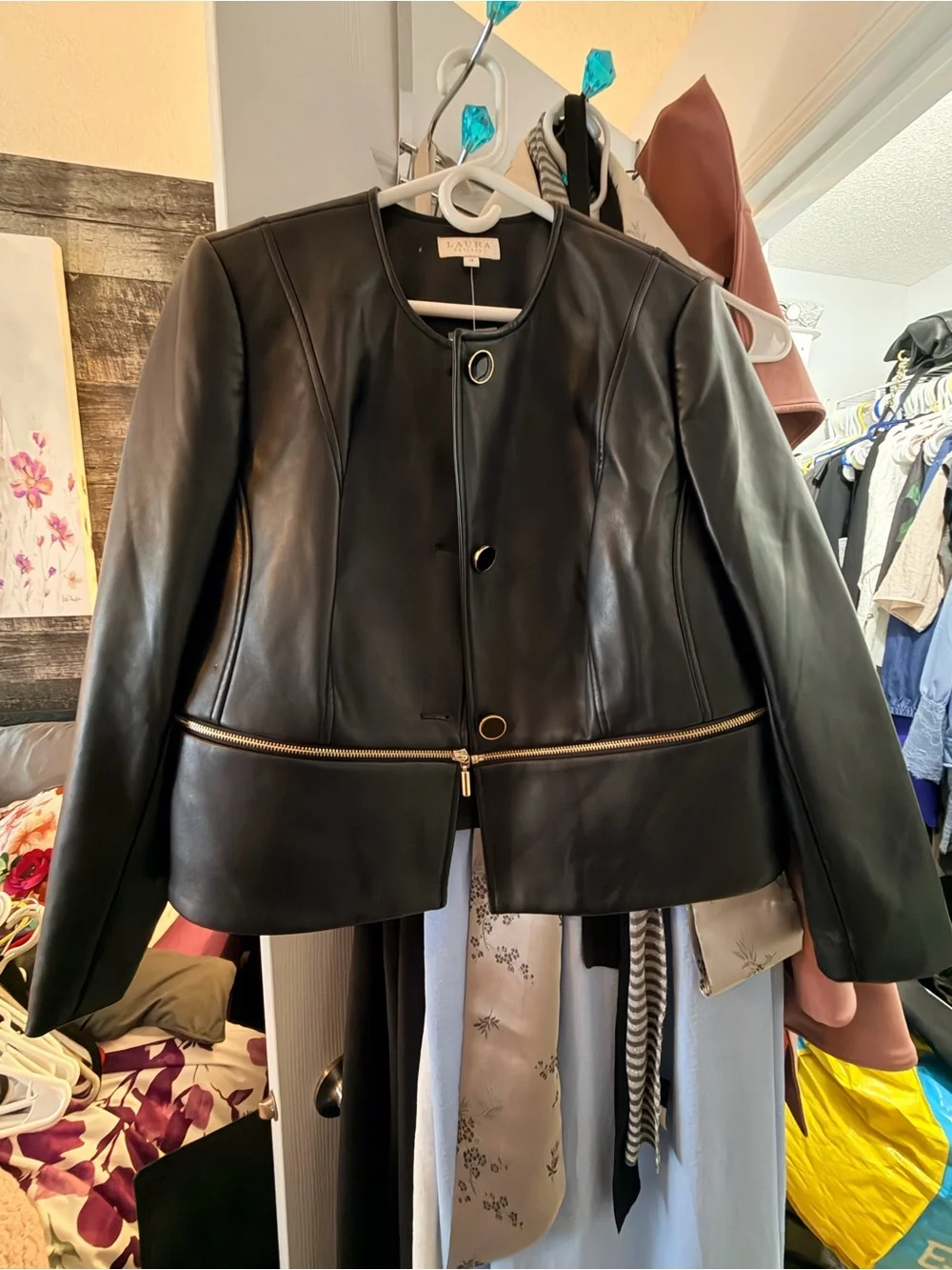 Faux Leather Black Bomber Jacket with Gold Zipper - Picture 2 of 6